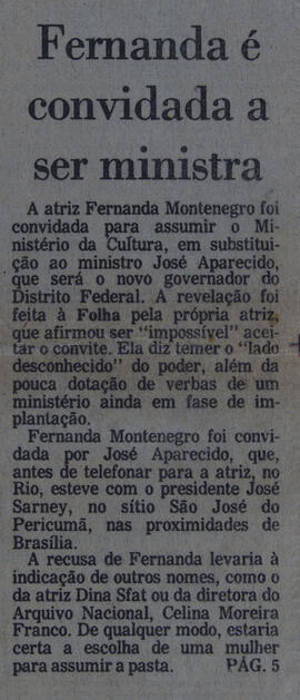 Fernanda é Convidada a Ser Ministra. Folha de São Paulo