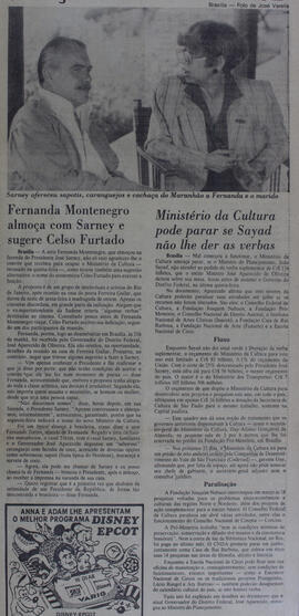 Fernanda Montenegro Almoça com Sarney e Sugere Celso Furtado. Jornal do Brasil