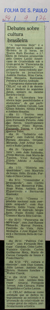 Debates sobre Cultura Brasileira. Folha de São Paulo
