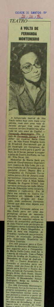 A Volta de Fernanda Montenegro. Cidade de Santos
