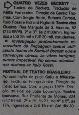 Recorte do Jornal do Brasil_Espetáculo Quatro Vezes Beckett