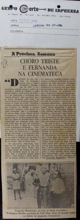 Choro Triste e Fernanda na Cinemateca. Jornal do Brasil