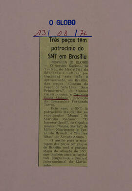 Três Peças Têm Patrocínio do SNT em Brasília. O Globo