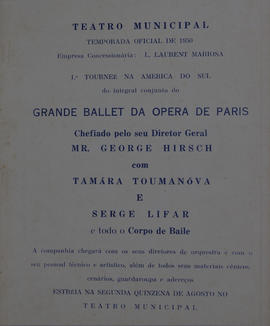 Programa do "Grande Ballet da Opera de Paris" - Temporada Oficial de 1950