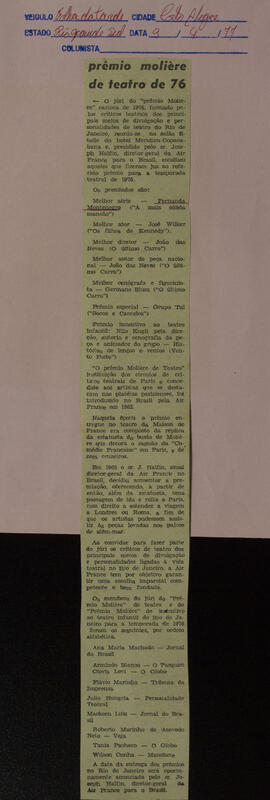 Prêmio Molière de Teatro de 1976. Folha da Tarde