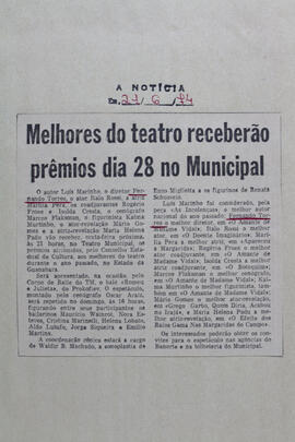 Melhores do Teatro Receberão Prêmios Dia 28 no Municipal. A Notícia