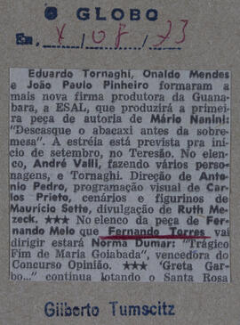 [No Elenco da Peça de Fernando Melo...]. O Globo